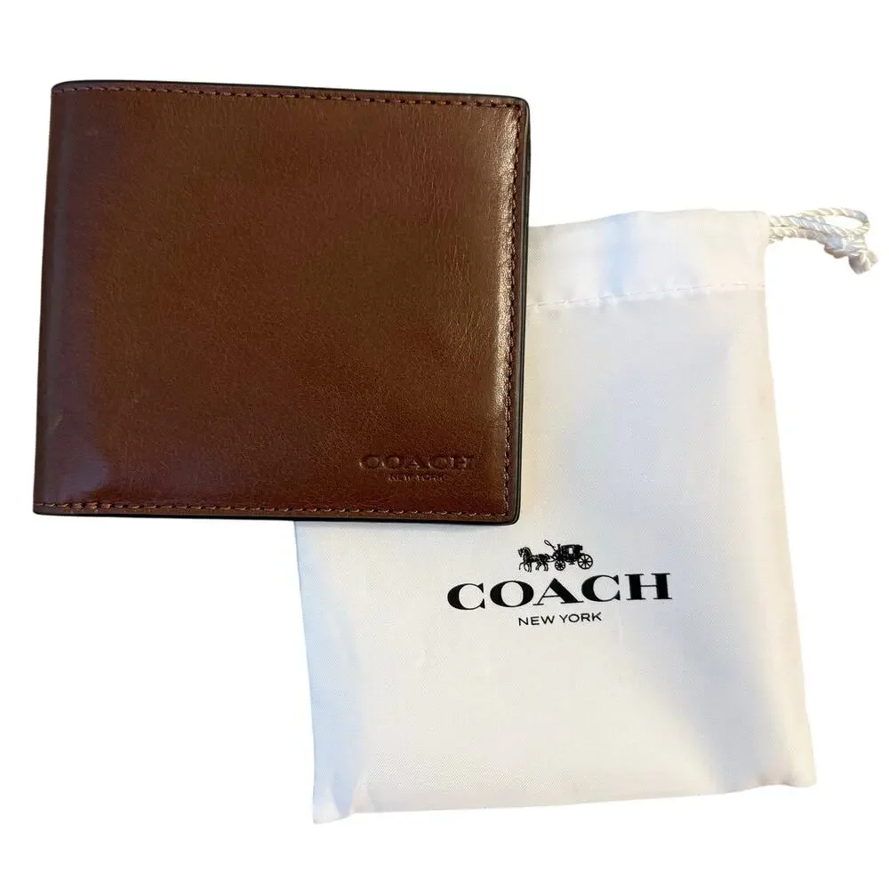 COACH Billfold Wallet Genuine Water Buffalo Leather 8-Card Supple Embossed Brown